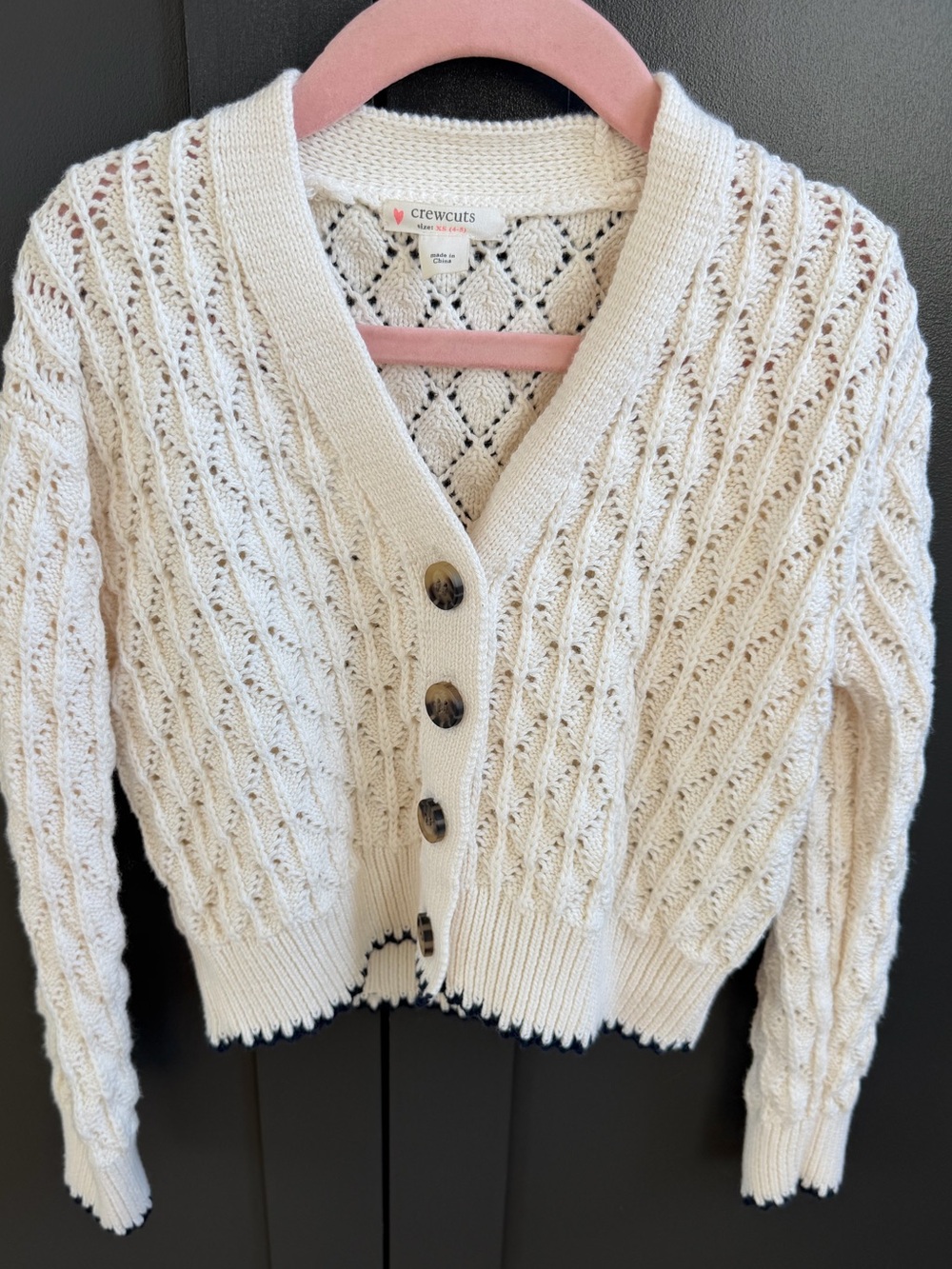 J. Crew Crewcuts Cream Pointelle Knit Button-Front Sweater Cardigan Navy Trim XS